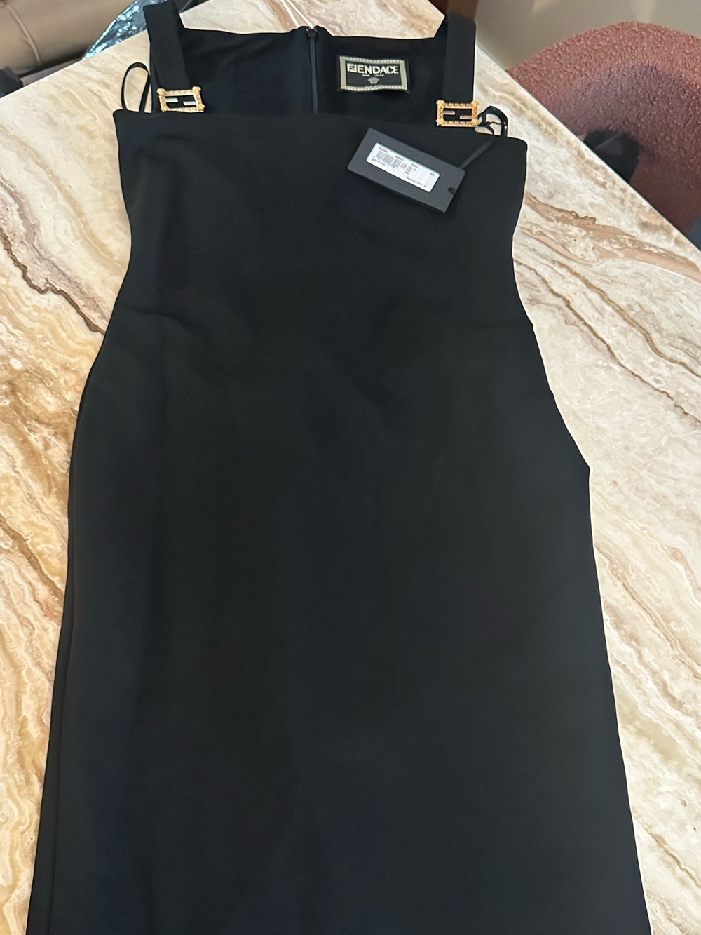 FENDACE Fendi x Versace Black Midi Dress Gold Logo Buckle Straps NWT IT 44